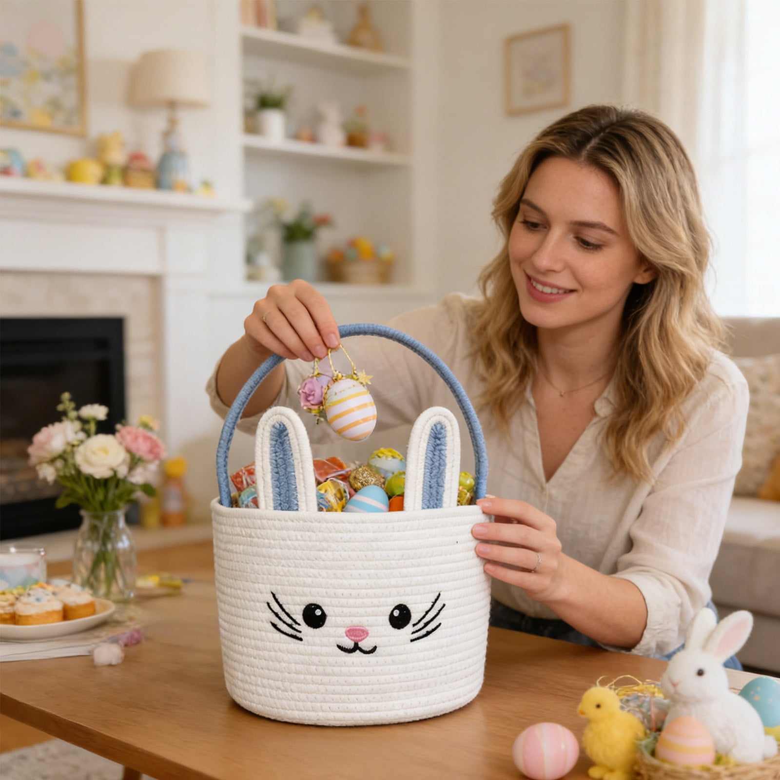 Lunxisen 3 Pcs Easter Storage Basket Hand-woven Decorative Home Organizer Holiday Decor Rabbit Shape Woven Bin