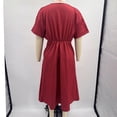 thumbnail image 4 of ClodeEU Women's V Neck Short Sleeve Twist Front Linen Blend Midi Dress,Casual A-Line Flare Sundress Red,Women's Plus L, 4 of 5