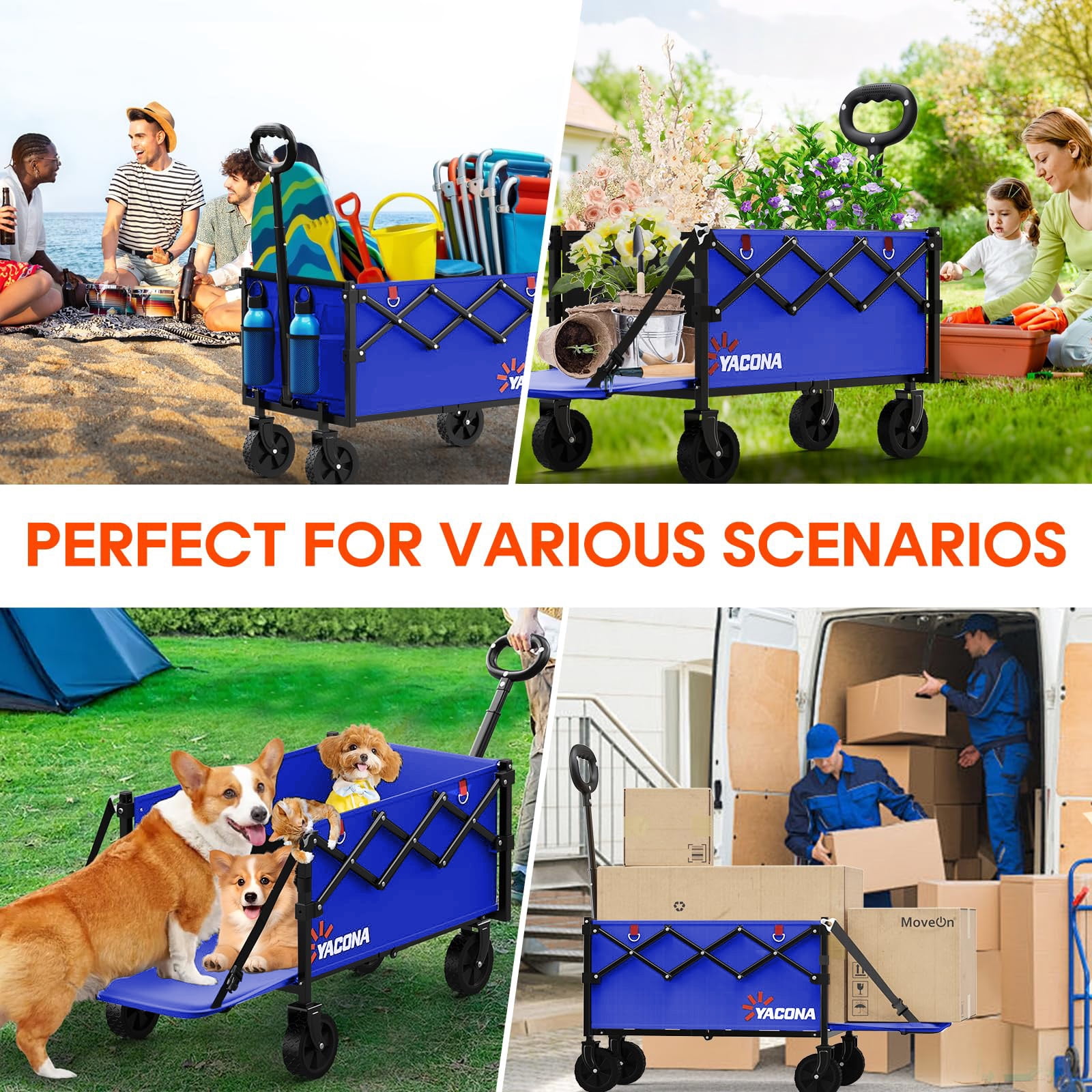 360lbs Foldable Wagon Cart with Extended Tailgate, Extra Long Folding Beach Wagon, Collapsible Cart with Wheels, for Grocery, Camp, Shop, Garden,Blue