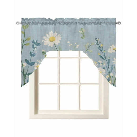Botanical Blue Green Kitchen Curtains Swag Valance for Windows/Bathroom/Cafe, Spring Pastoral Daisy Leaf on Linen Rod Pocket Drape Panel Swag Curtain Valance for Bedroom/Living Room 55''x36''