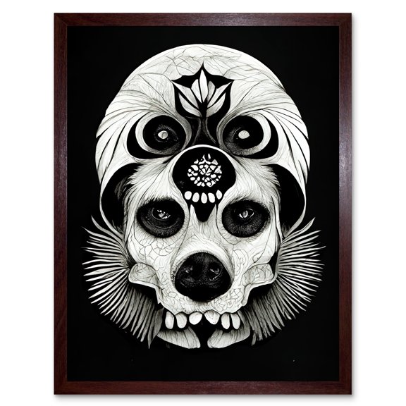 Day Of The Dead Dog Skull Head Drawing Halloween Art Print Framed Poster Wall Decor 12x16 inch