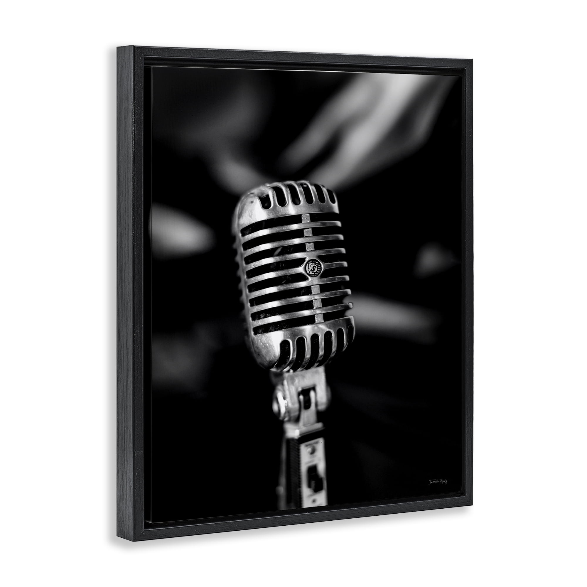 Stupell Industries Vintage Microphone on Black Entertainment Painting Black Floater Framed Canvas Art Print Wall Art, 25 x 31