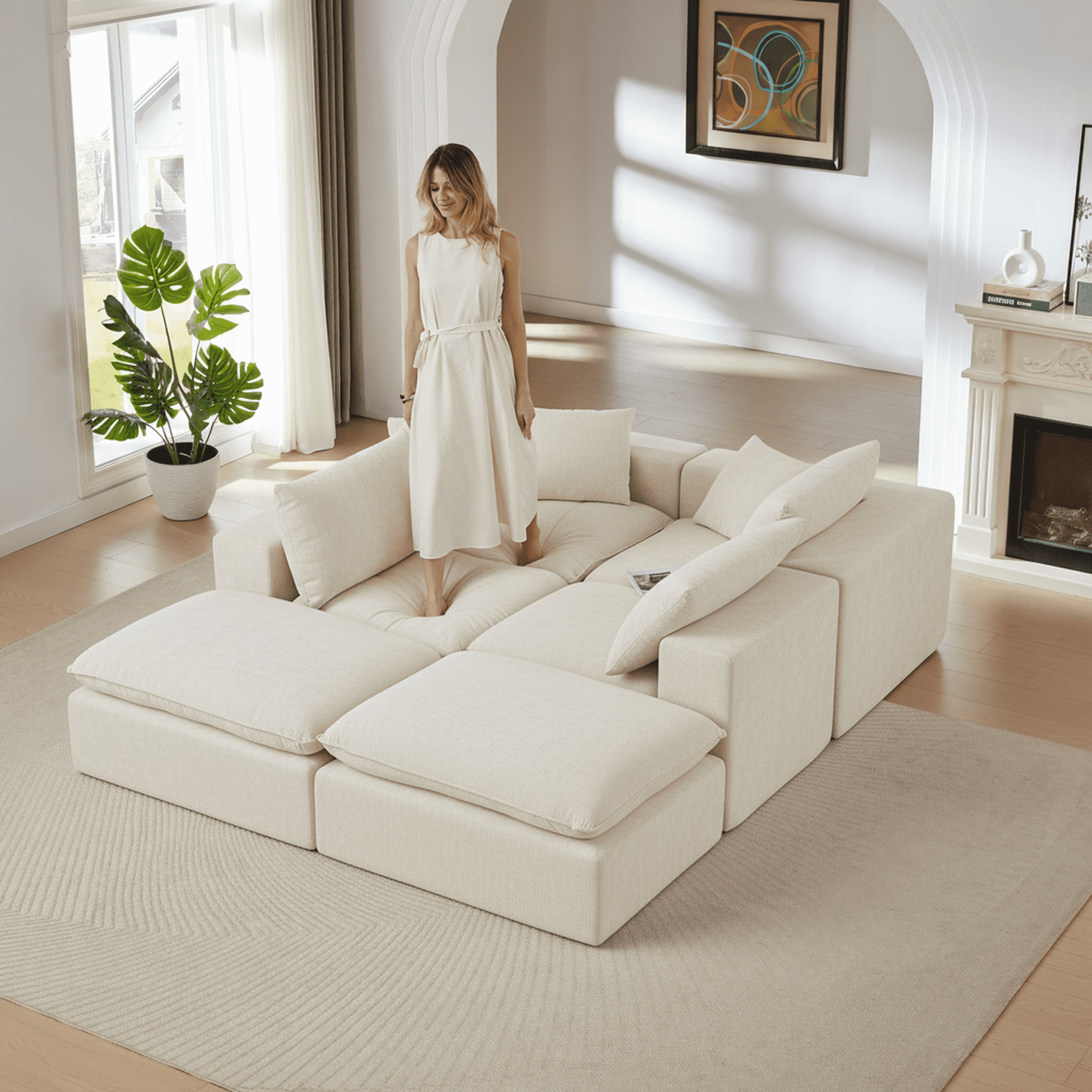 MAYEERTY Modern Modular Chenille Sofa, White Cloud-Soft Sectional Couch for Living Room