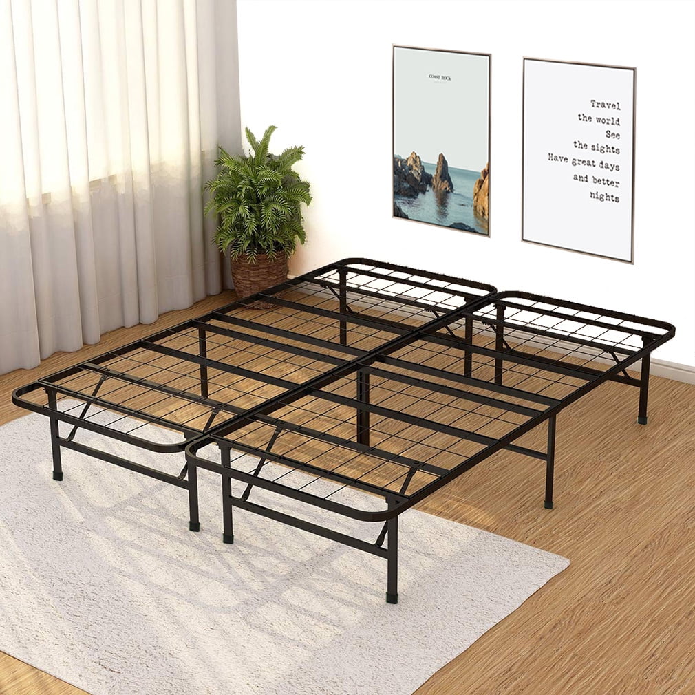 Retro Queen Size Platform Bed Frame Mattress Foundation with Metal Slats & Wood 