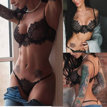 

Gaiseeis Fashion Women Sexy Eyelash Lace Babydoll Underwear G-String Set Sexy Lingerie Black XL
