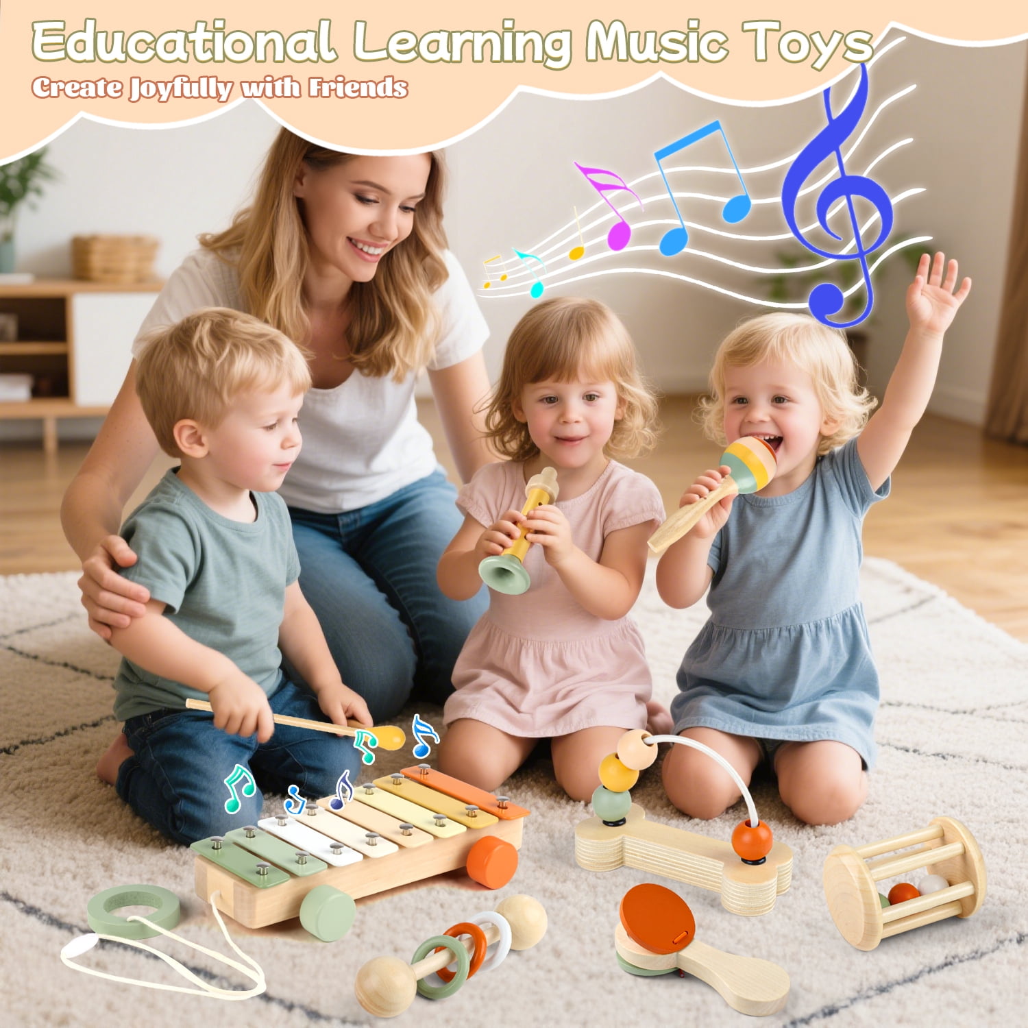 Carsky 7-in-1 Wooden Baby Music Toy Kit, Rattles, Xylophone, Beads Maze & More, Educational Sound Activity Set for Infants Toddlers 1-3