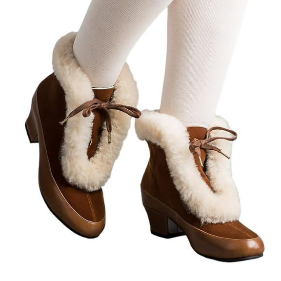 Oyedens Winter Snow Boots for Women Fluffy Plush Heels Mid Calf Combat Boots Dress Ankle Booties