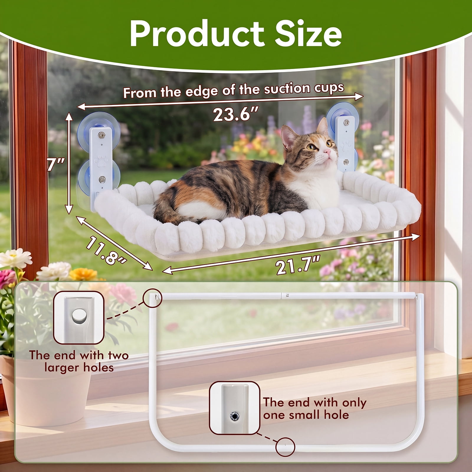 Cat Window Perch, Cordless Cat Hammock with 4 Strong Suction Cups, Foldable Metal Frame & Soft Washable Cover, Indoor Bed for Large Cats & Kittens