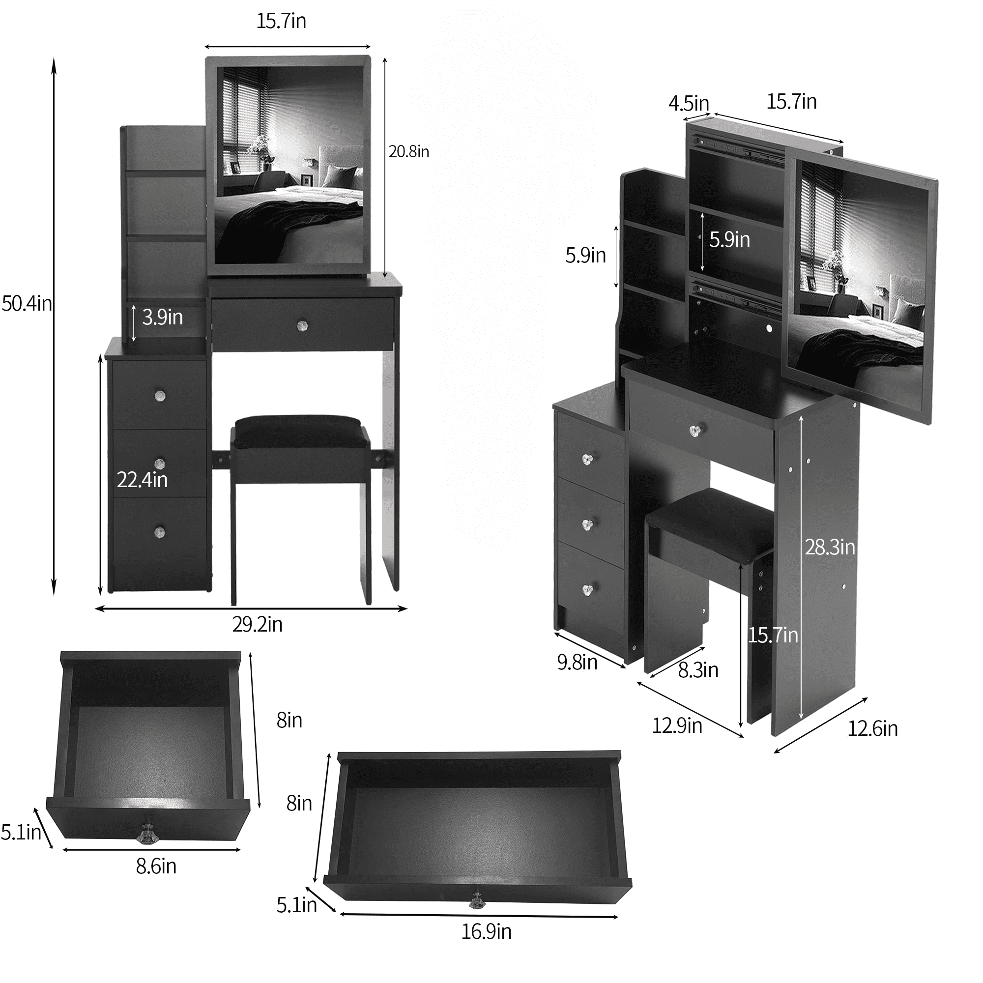 29.2" Small Space Left Bedside Cabinet Vanity Table + Cushioned Stool, Extra Large Right sliding mirror, Multi Layer High Capacity Storage, Practical Fashionable Dresser, Suitable For Small Space