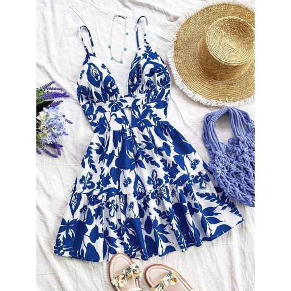 Blue And White Floral Print Spaghetti Strap Open Back Cinched Waist A-Line Mini Dress