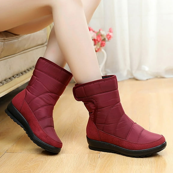 Juebong Christmas Deals Women's Shoes Winter Warm Fashion Pull-On Casual Solid Color Waterproof Snow Boots Plush Low Heel Velcro,4.5, Red