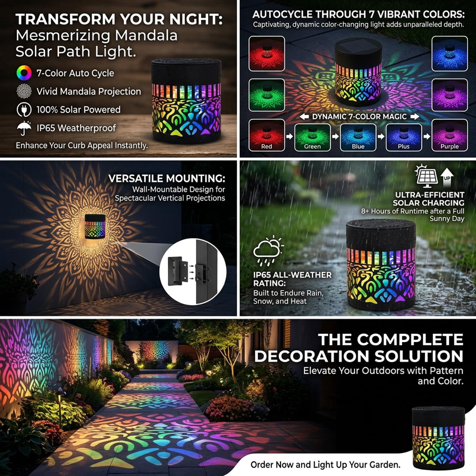 Solar Mandala Lights Outdoor Wall, Seven-Color Changing Solar