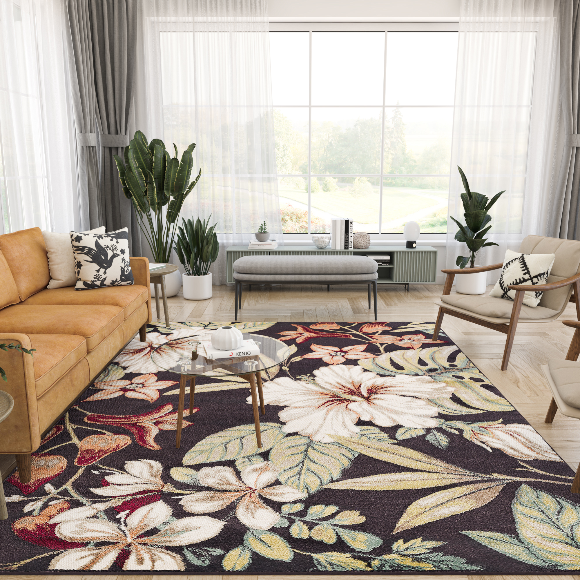 Transitional 5x8 Area Rug (5'3'' x 7'3'') Floral Brown, Creamy Ivory Living Room Easy to Clean