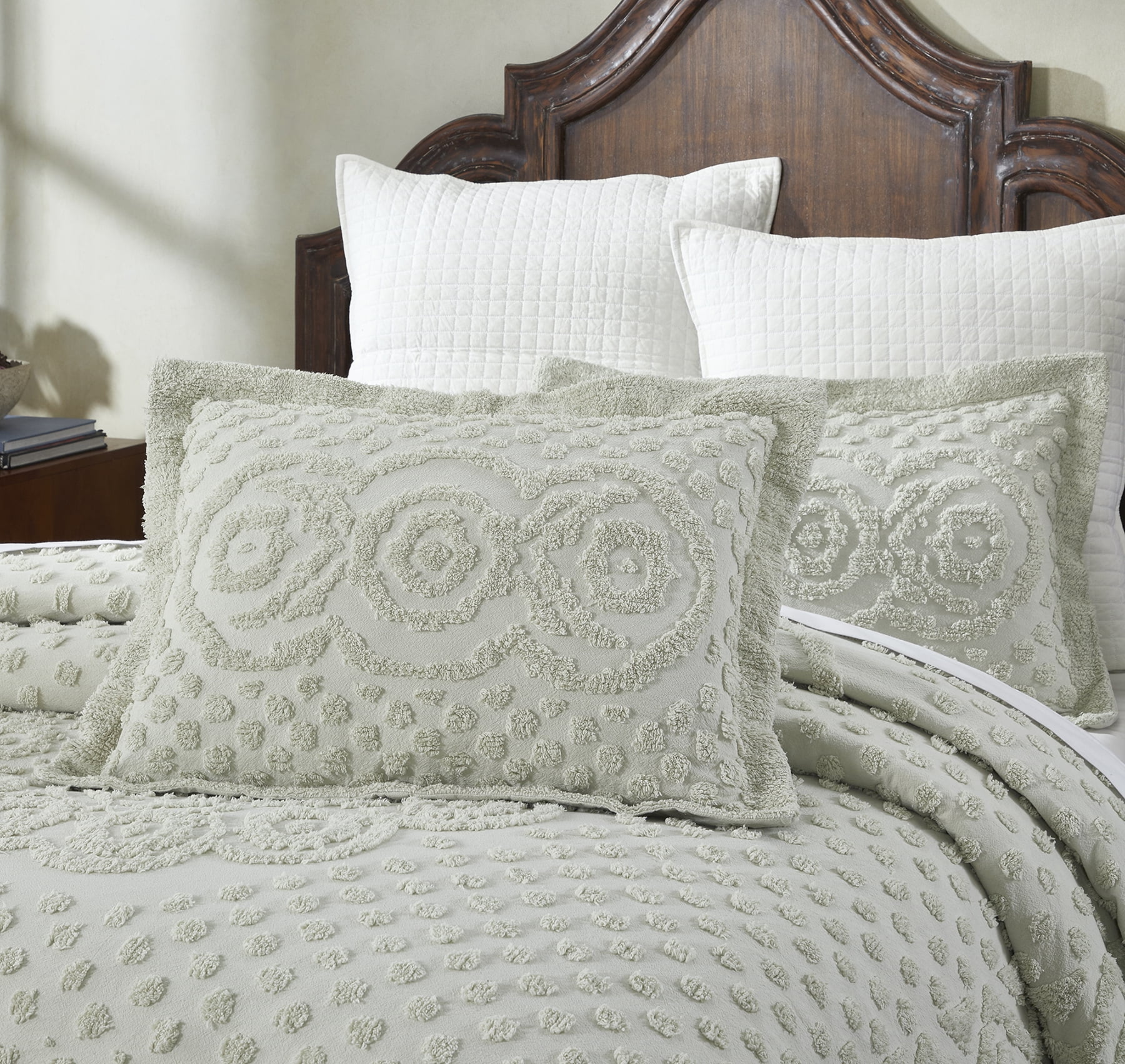Better Trends 3 Piece Chenille Bedspread Set for King Bedspread 100% Cotton Medallion Design Lightweight Bedspread for all Season Heirloom Collection (Sage)