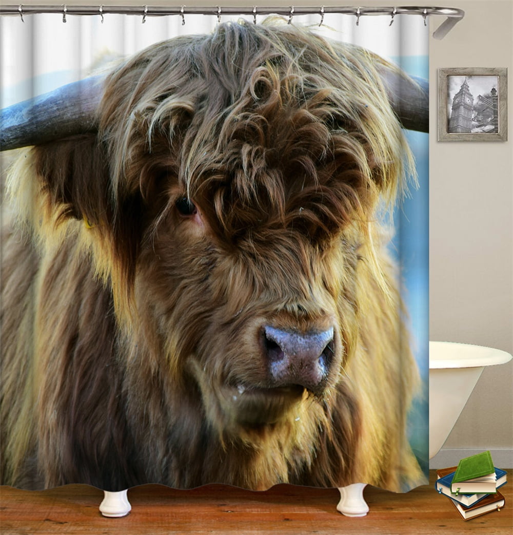 Shower Curtain Set with Hooks Real Yak Bull Ox Horn Heavy Fur Wild