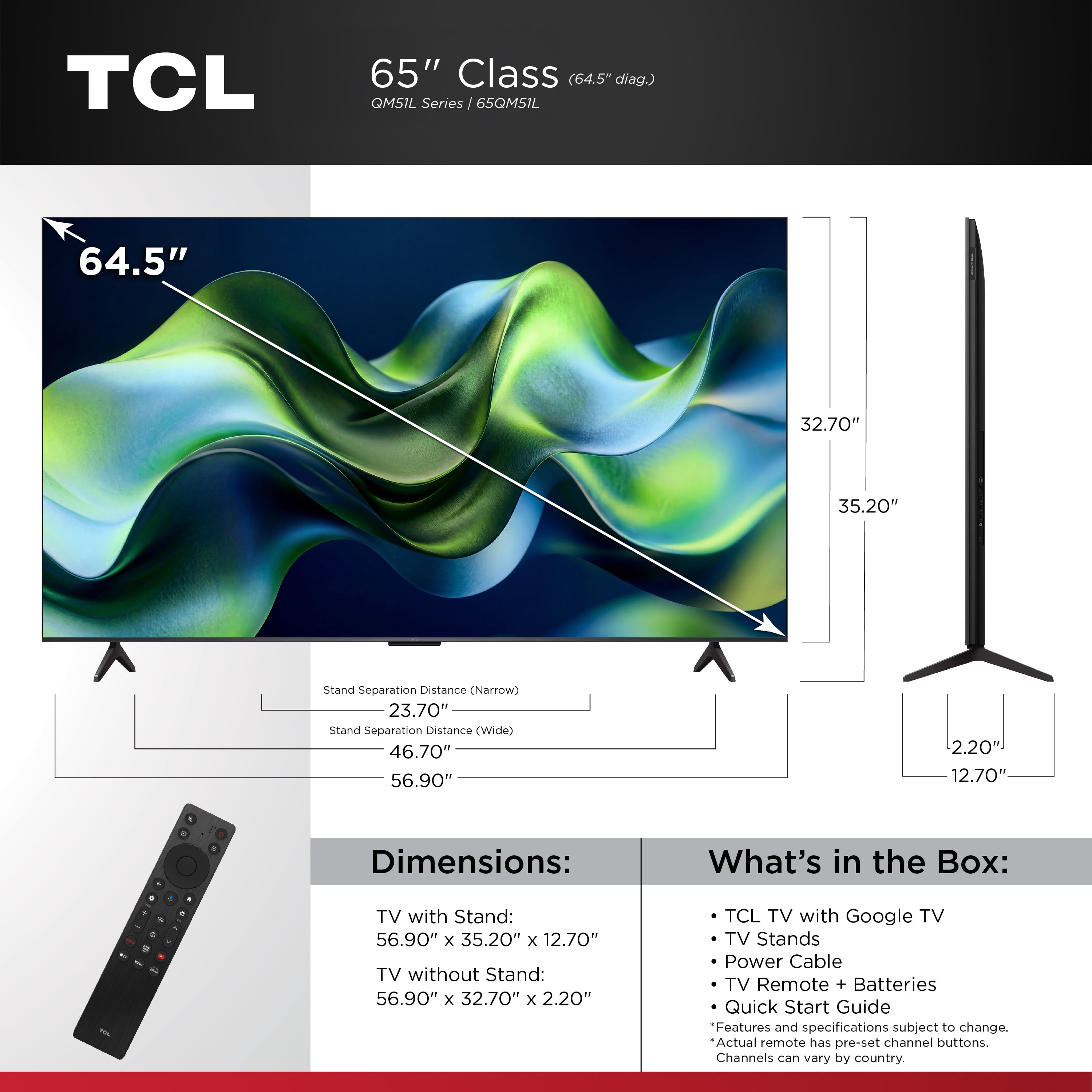 TCL 65" QM51L Series QD-Mini LED QLED 4K UHD HDR Smart Google TV (New 2026) - Local Dimming Pro, Halo Control System, High Brightness Pro, TCL AIPQ Processor, Game Accelerator 144 - 65QM51L