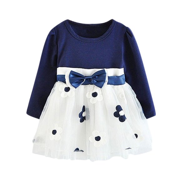LUOGENLI Dress Toddler Kids Baby Girls Long Sleeve Tulle Patchwork Flower Bow Dresses Clothes Linen Dress for Girls Midi Length Blue 4-5 Years