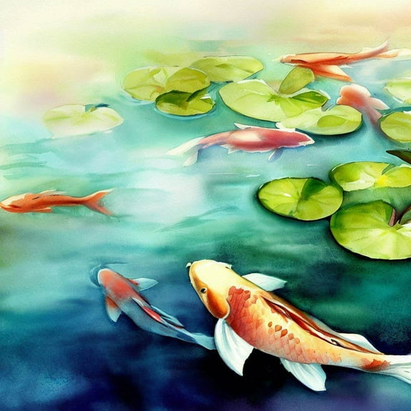 Koi and Lily Pads Watercolor Painting - 12" x 12" Wall Decor