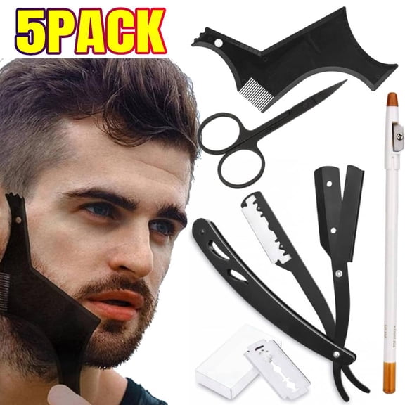 Beard Shaping Tool, 5 Piece Set Beard shaper - include Professional Straight Edge Razor,Beard Template,10 Count of Double Edge Blades,Barber Pencil and Stainless Steel Scissors.