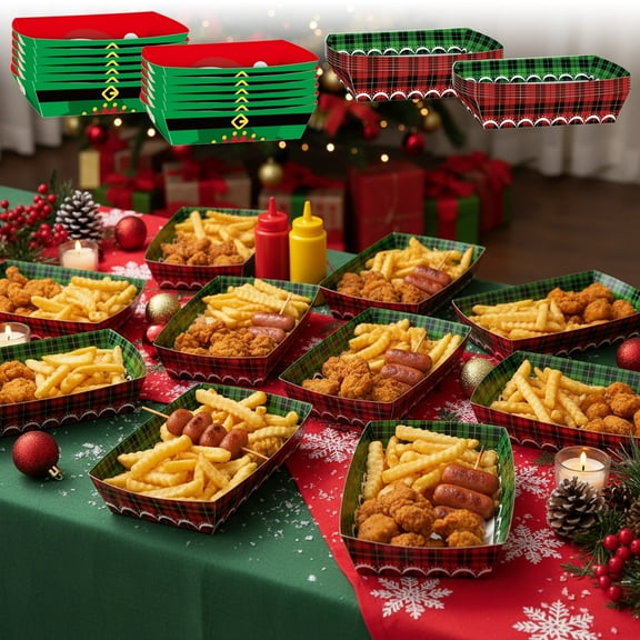 RKSTN Paper Food Trays Christmas Fried Chicken French Fry Boxes 12 Pieces with Hot Dog Disposable Tableware for Christmasthemed Party Decoration A