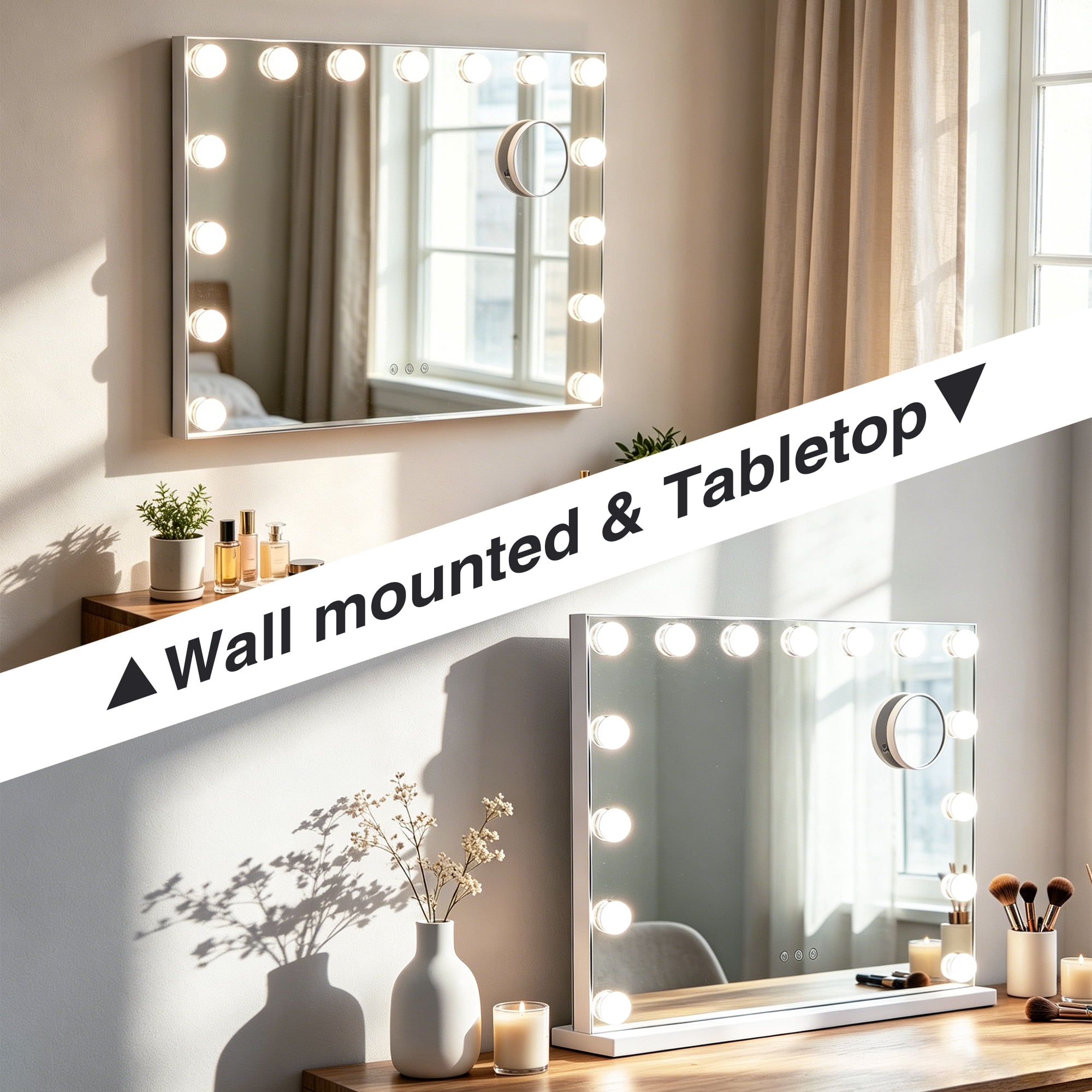 KOOL 23''x18'' Large Hollywood Vanity Mirror with 15 Bulbs LED Mirror Lighted Makeup Mirror Wall Mounted & Tabletop White Metal Frame Rectangular Mirror, White