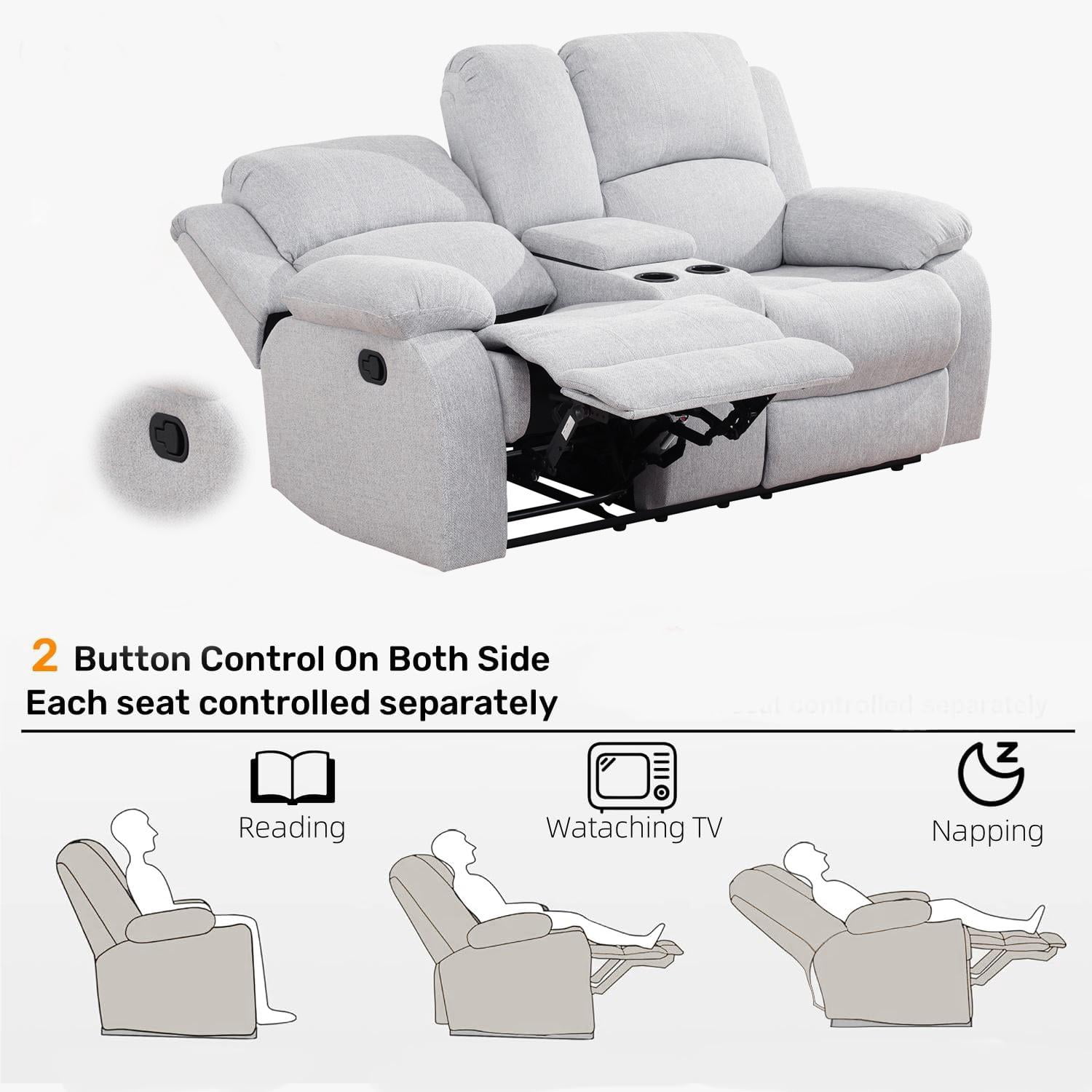 Gewnee Linen Fabric Manual Reclining Loveseat with 2 Recliners and Cup Holders,Gray