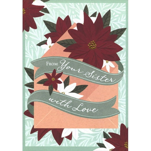 Designer Greetings Red and White Poinsettias with Gold Accents Christmas Card from Sister