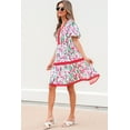 thumbnail image 3 of Chic Pink Floral Print V Neck Bubble Short Sleeve Babydoll Dress | [ZhiHiMeRi] | (US 12-14)L, 3 of 11