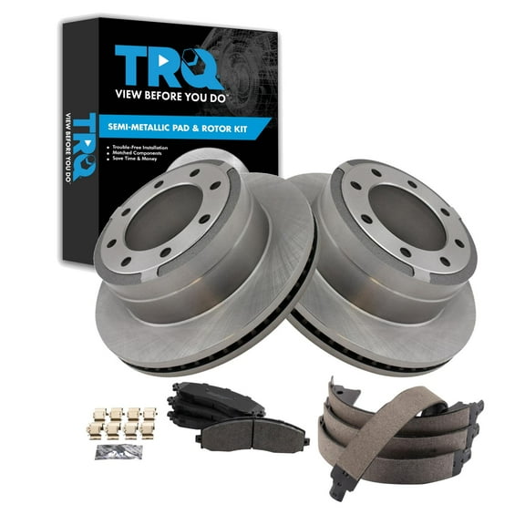 TRQ Rear Brake Pad & Rotor Kit Brake Pads Brake Rotor Parking Brake Shoe Set Semi-Metallic Fits Select 2013-2021 Ford F-250 Super Duty F-350 Super Duty