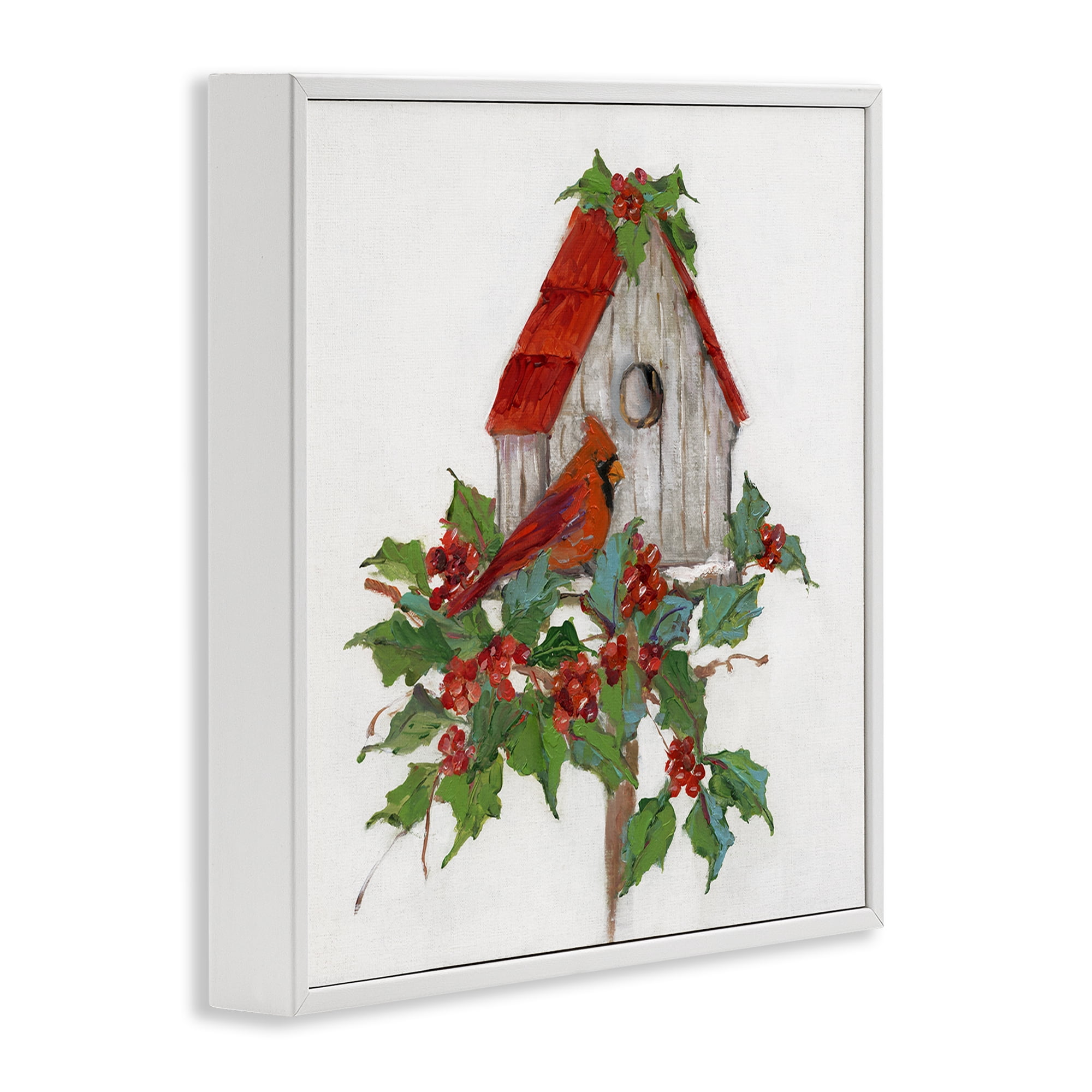 Stupell Industries Winter Plants & Birdhouse Holiday Painting White Framed Art Prints Wall Art, 12 x 12