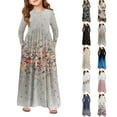 thumbnail image 2 of Abcomgle Girls Long Sleeve Dress Casual A-Line Long Sleeve Girls Long Dresses Vintage Floral Print Crew Neck Sundresses Beach Swing Skirt with Pockets,Beige, 2 of 5