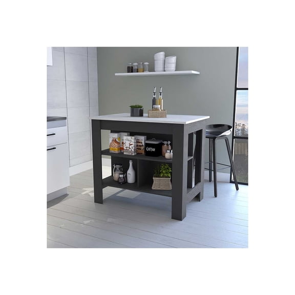 FM FURNITURE Brooklyn  Kitchen Island, Three Concealed Shelves