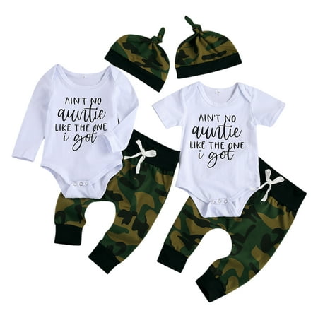 

3Pcs Infant Outfits Newborn Baby Boy Girls Fall Summer Letter Print Short/Long Sleeve Romper Top+Camouflage Harem Pants+Hat 0-18M