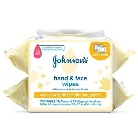 Johnson's Hand & Face Baby Cleansing Wipes, 2 Travel Packs of 25