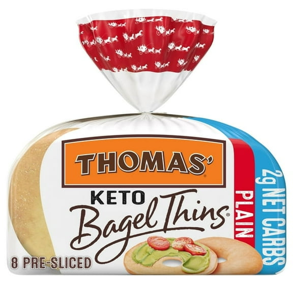 2X-Thomas' Keto Plain Bagel Thins, 8 count, Pre-sliced Bagels, 13 oz Bag