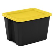 Sterilite Large Storage Bin, 18 Gallon Plastic Storage Container with Snap-On Lid, Black and Yellow