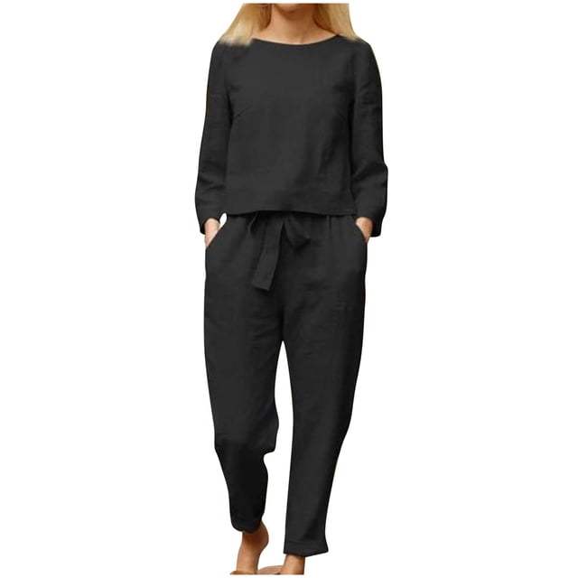 Pantalones YUEHAO para mujer, traje de lino y algodón, cómodos pantalones con cordones, top de color liso (negro)