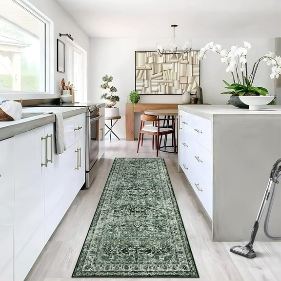 Runner - 2x6 Washable Vintage Floral Entryway Rug Soft Low Pile Non-Slip Non-Shedding Oriental Distressed Rug Hallway Laundry Green