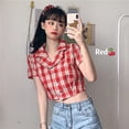 thumbnail image 3 of Camisa de mujer Summer Plaid Manga corta Botón Chaqueta Coat para niñas, Rojo Sweethay AP001451-01B, 3 of 7