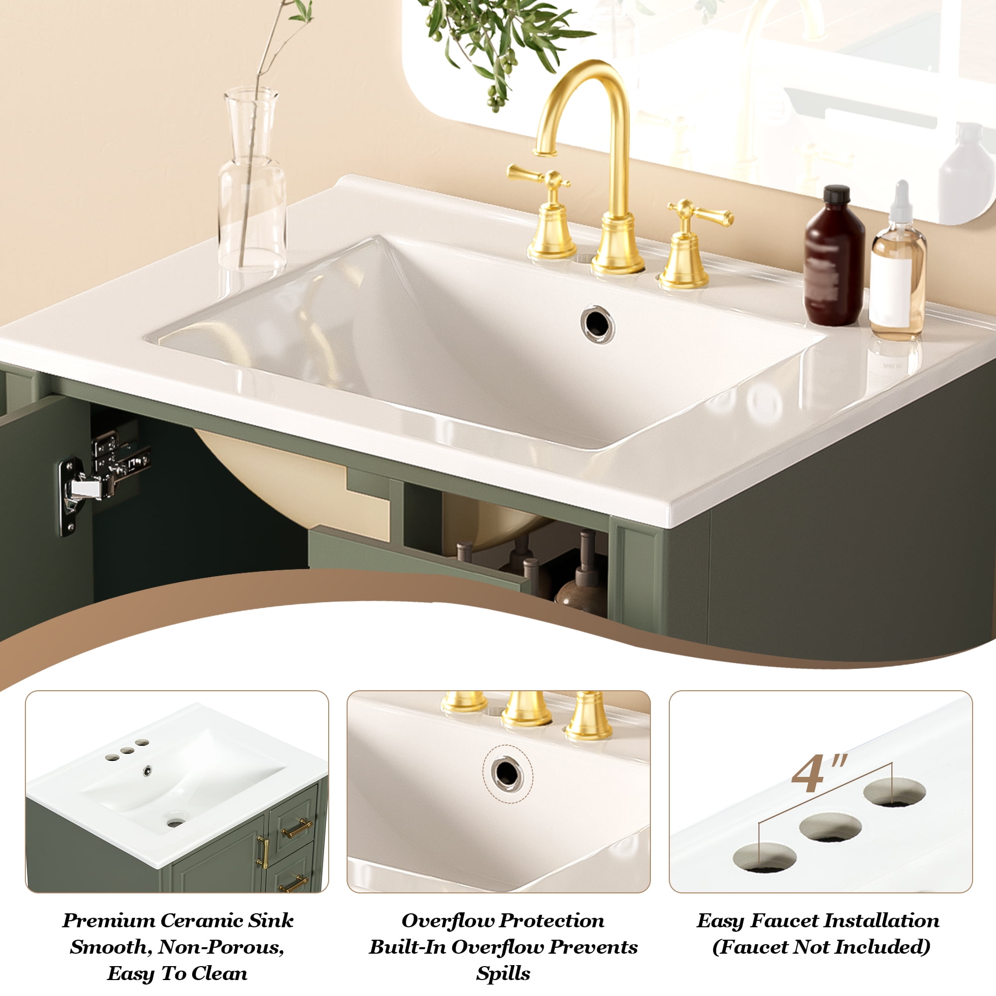 Harper & Bright Designs 24 inch Bathroom Vanity with Sink Combo, Free-Standing Single Storage Cabinet with 3 Drawers & Rack, MDF & Solid Wood Vanity with Ceramic Basin, Olive Green