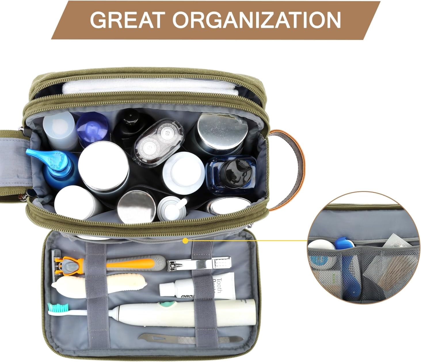 Toiletry Bag for Men, Canvas Travel Toiletry Organizer Dopp Kit Water-resistant Shaving Bag for Toiletries Accessories,Grey-Medium