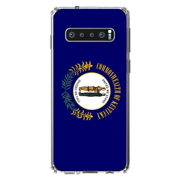 DistinctInk Clear Shockproof Hybrid Case for Samsung Galaxy S10 (6.1" Screen) - TPU Bumper, Acrylic Back, Tempered Glass Screen Protector - Kentucky State Flag - US State Flag
