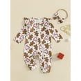 thumbnail image 2 of Suealasg Baby Girls Christmas Outfits Long Sleeve Gingerbread Man Print Full Length Jumpsuit Bodysuits Headband Infant Girls 2Pcs Fall Coming Home Clothes, 2 of 7