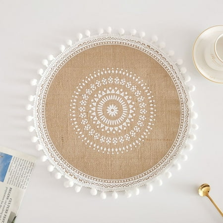 

Linen Table Mat Lace Placemat Set Natural Jute Woven Tableware Mat Round 38cm
