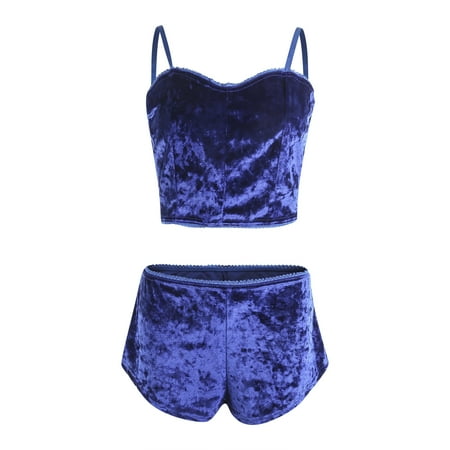 

Genuiskids Womens Velvet Sexy Underwear Satin Pajamas Lingerie Set Crop Tops Sleeveless Camisole with Shorts 2 Piece Sleepwear Set