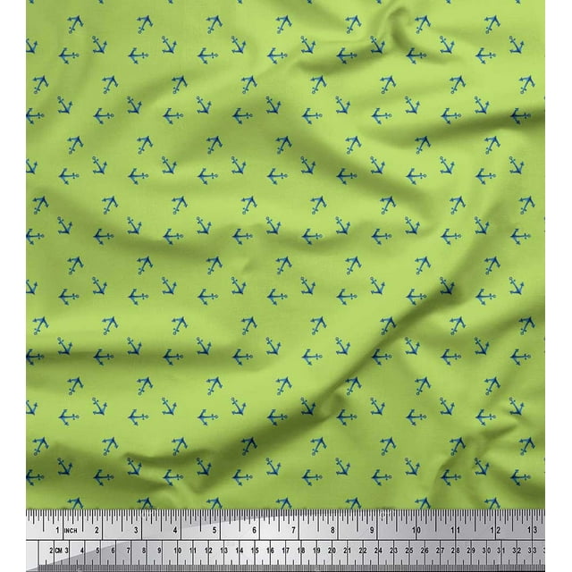 Soimoi Green polyester Crepe Fabric Anchor Hook Nautical Print Fabric by Yard 52 Inch Wide