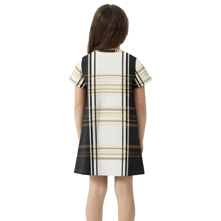 black and gold plaid dress White, Gold, & Black Plaid Fuzzy Chore Dress with Flutter Sleeve - M