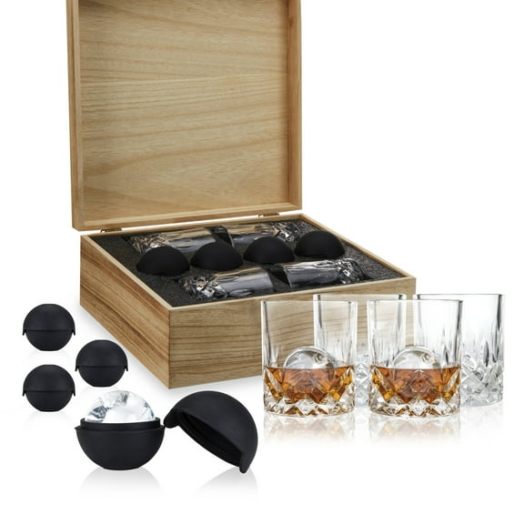 Viski Crystal Whiskey Glasses with Ice Sphere Molds Gift Set 9oz