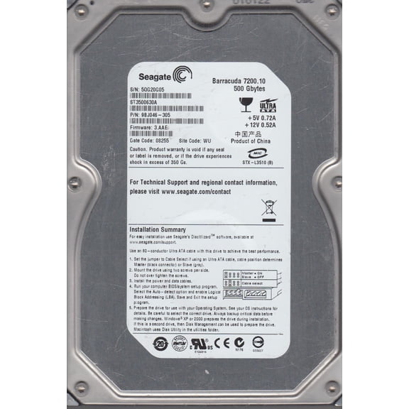 ST3500630A, 5QG, WU, PN 9BJ046-305, FW 3.AAE, Seagate 500GB IDE 3.5 Hard Drive