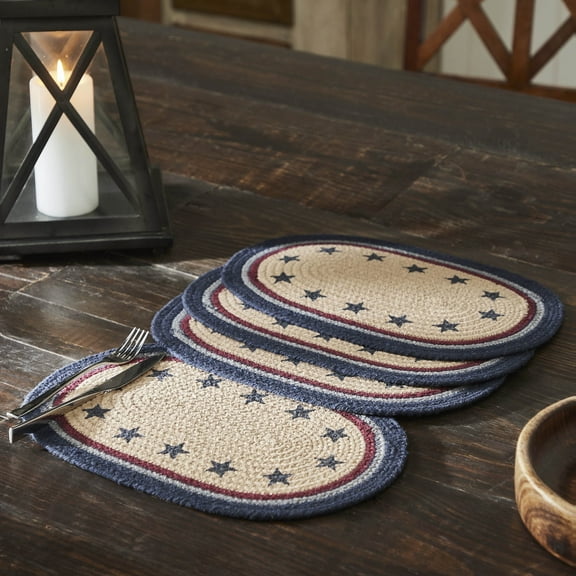 VHC Brands Braided Cotton Placemat 10x15 Set of 4, Cotton Dining Room, Kitchen Placemat, Dining Table Placemats, Woven Place Mat, Stenciled, My Country Collection, Oval 10x15, Stars, Navy
